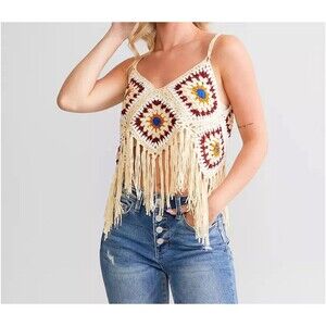 New Boho Crochet Fringe Top Y2K Festival Knit Granny Square Hippie Beach Crop